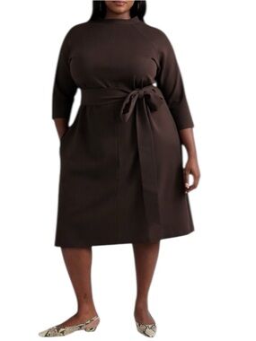 NEW Pari Passu Brown Espresso Janice Mock Neck Belted Midi Dress Size D14